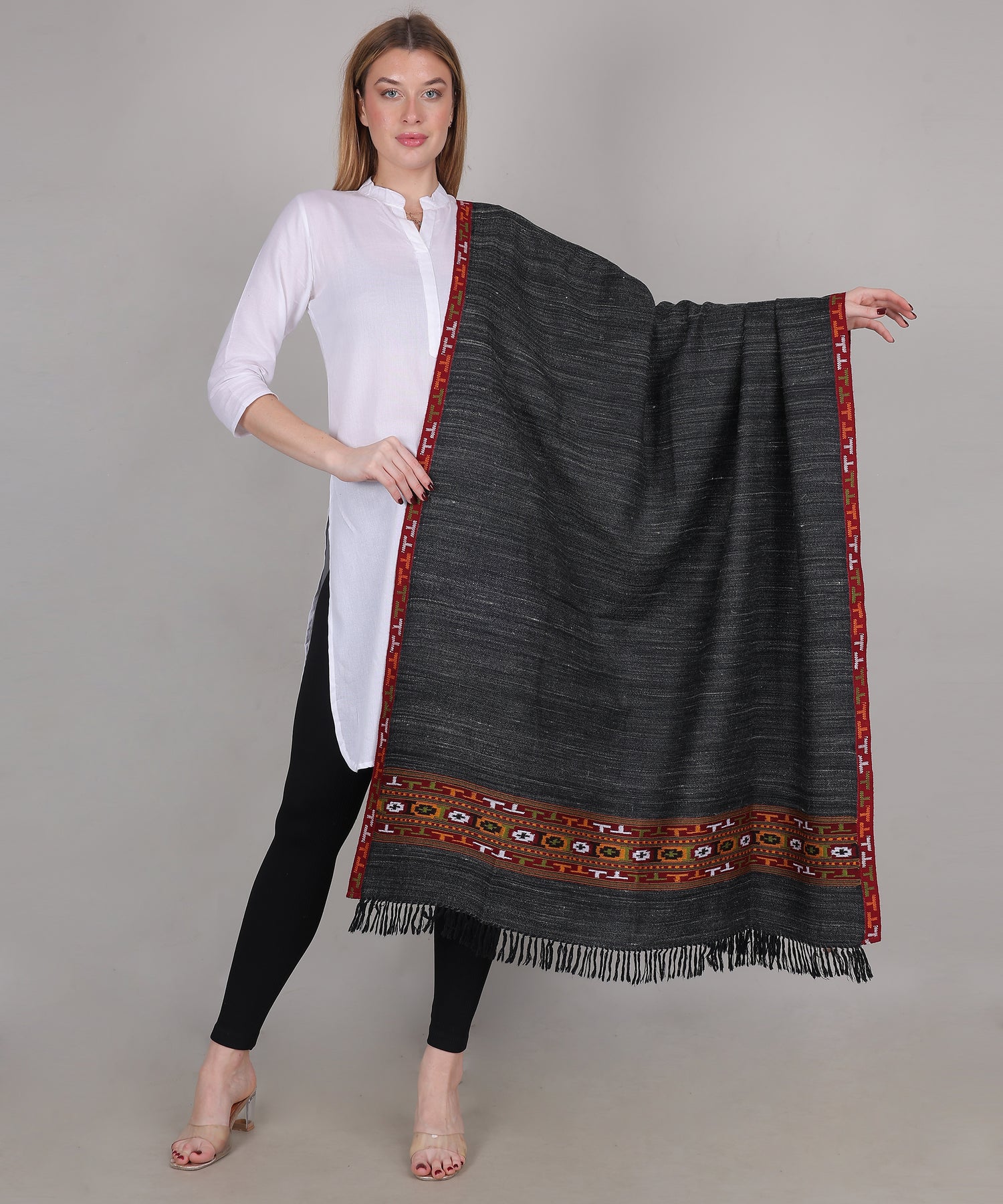 Authentic Traditional Yak Wool Black Shawl – Handwoven Kullu Design