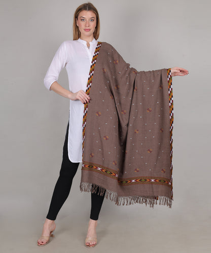 Traditional Handloom Kingri Jala Kullu Light Brown Shawl – Pure Woollen with Classic Border