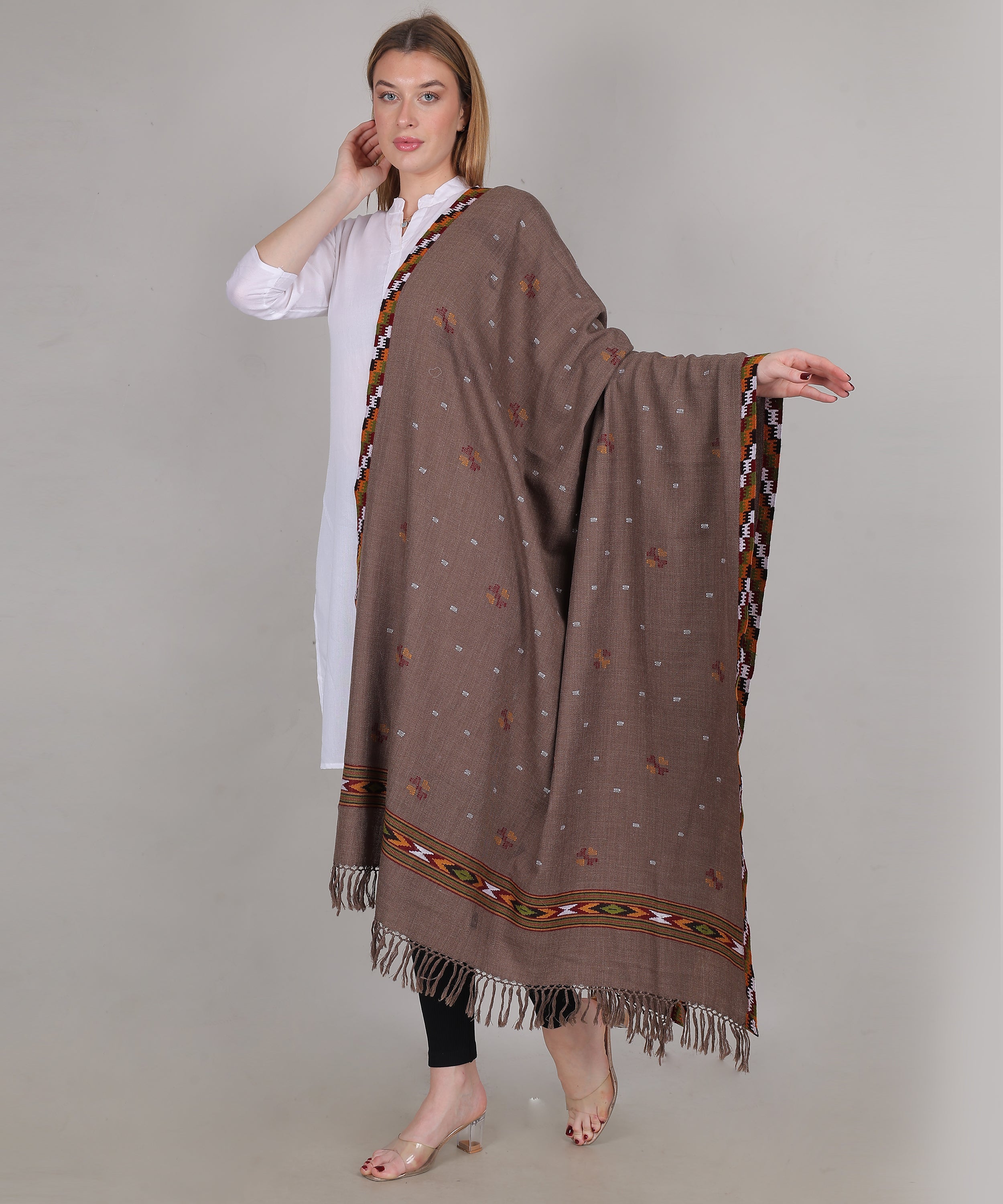 Traditional Handloom Kingri Jala Kullu Light Brown Shawl – Pure Woollen with Classic Border