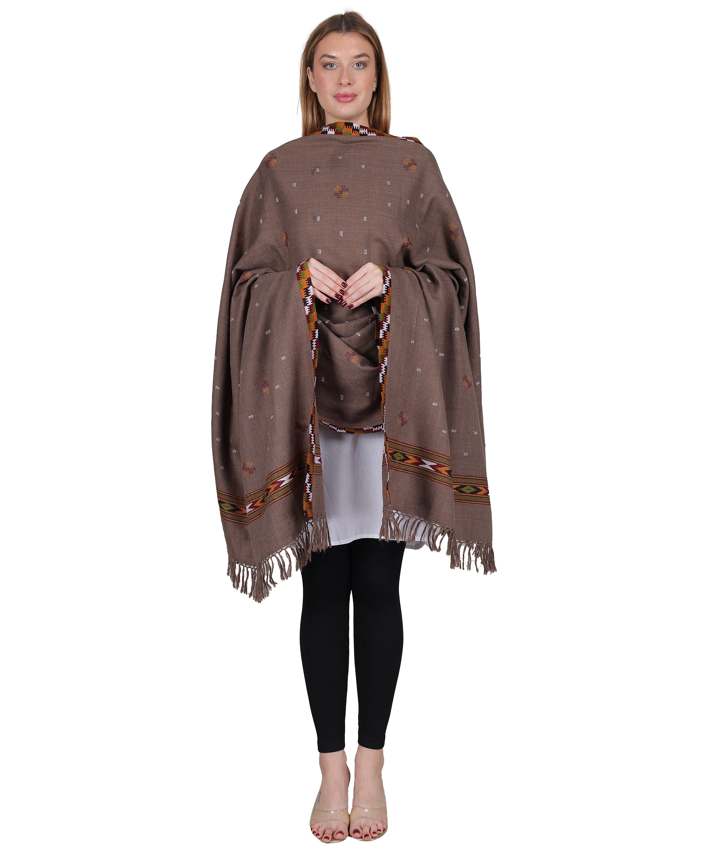 Traditional Handloom Kingri Jala Kullu Light Brown Shawl – Pure Woollen with Classic Border