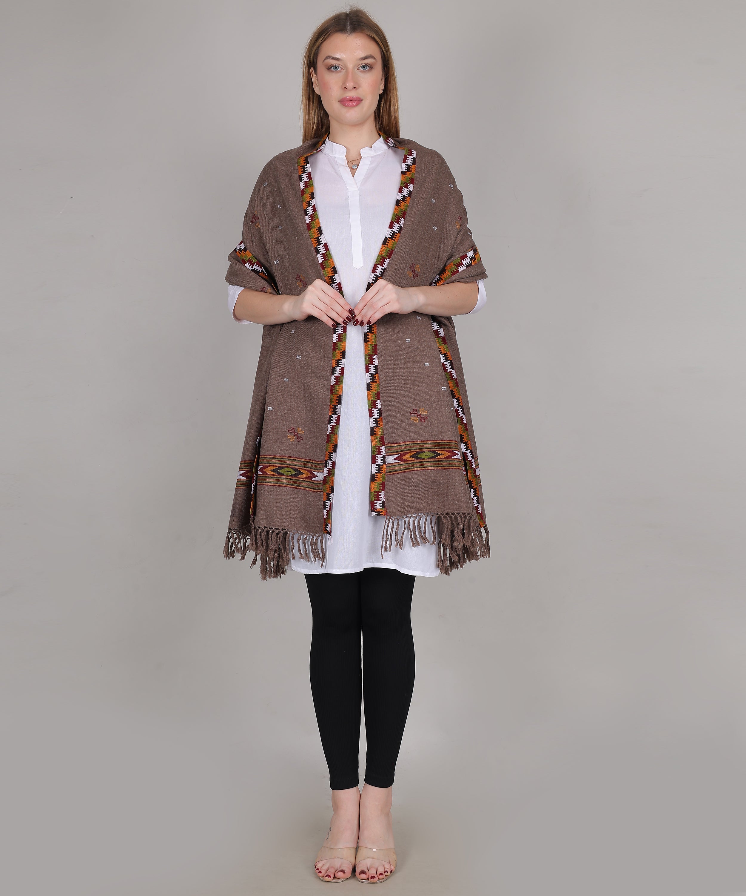 Traditional Handloom Kingri Jala Kullu Light Brown Shawl – Pure Woollen with Classic Border