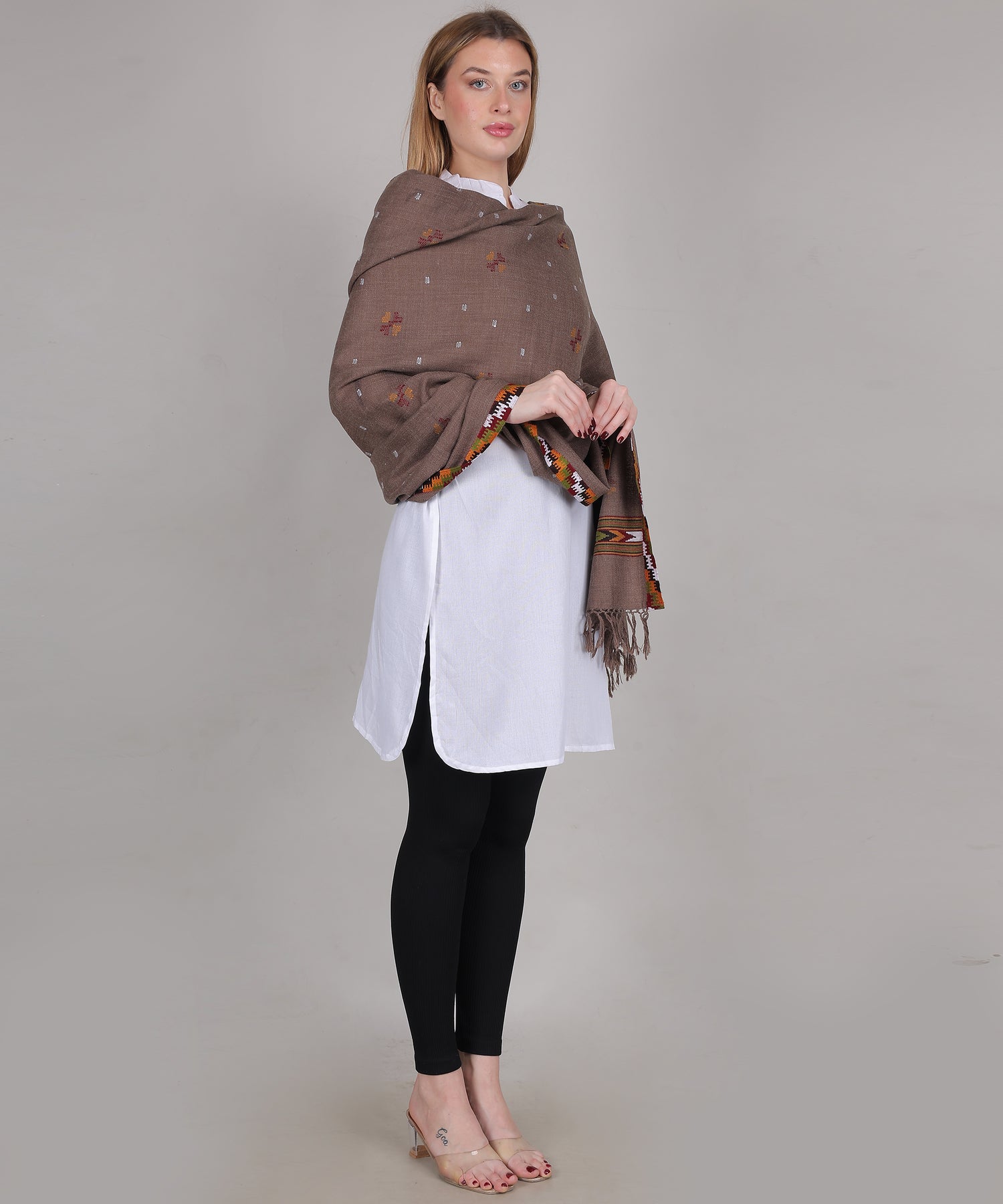 Traditional Handloom Kingri Jala Kullu Light Brown Shawl – Pure Woollen with Classic Border