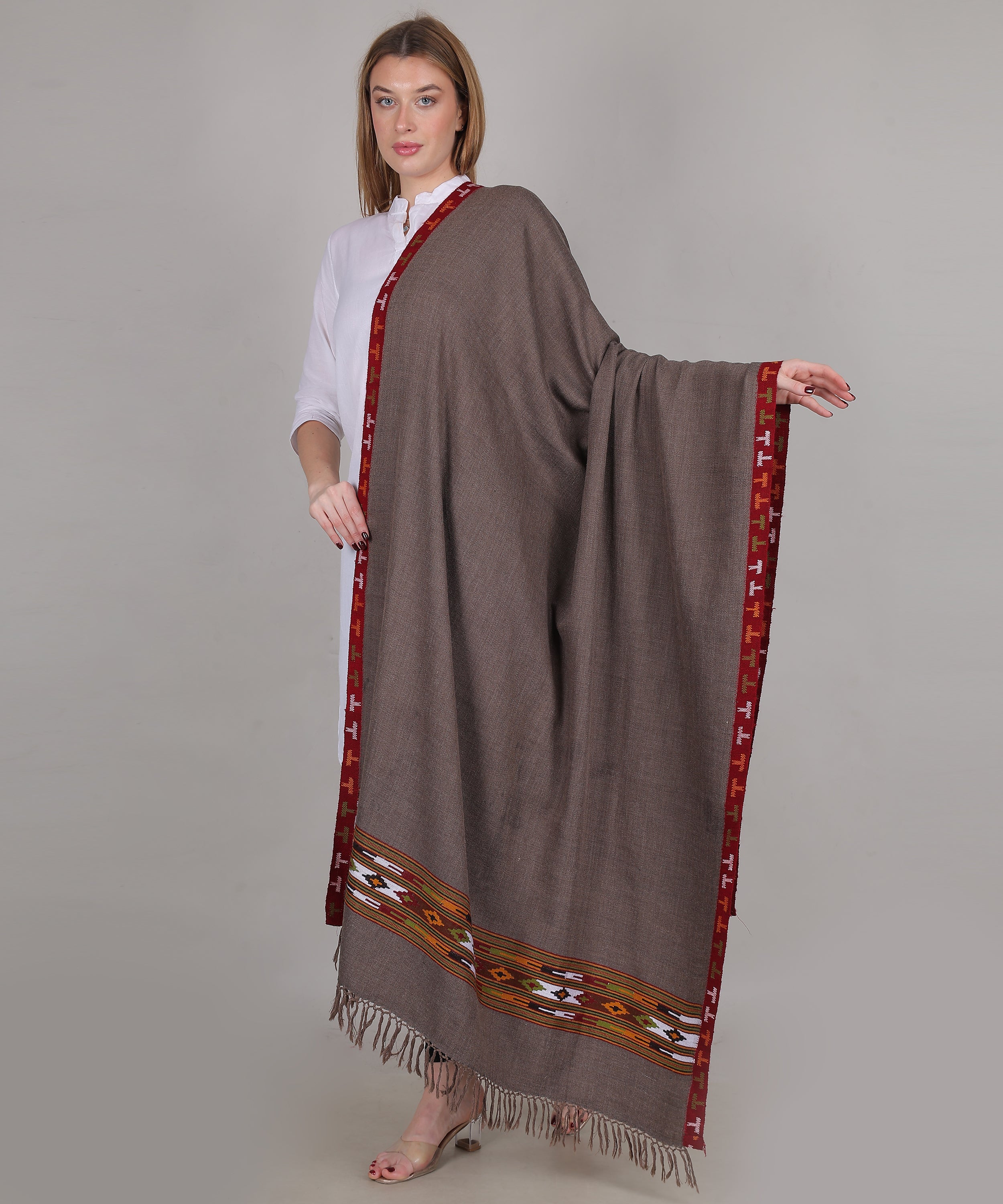 Women’s Traditional Kullu Design Brown Shawl – Pure Woollen Handloom Paati Pattern