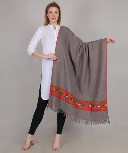 Hand Woven Pure Wool Kullu Design One Patti Border Grey Shawl