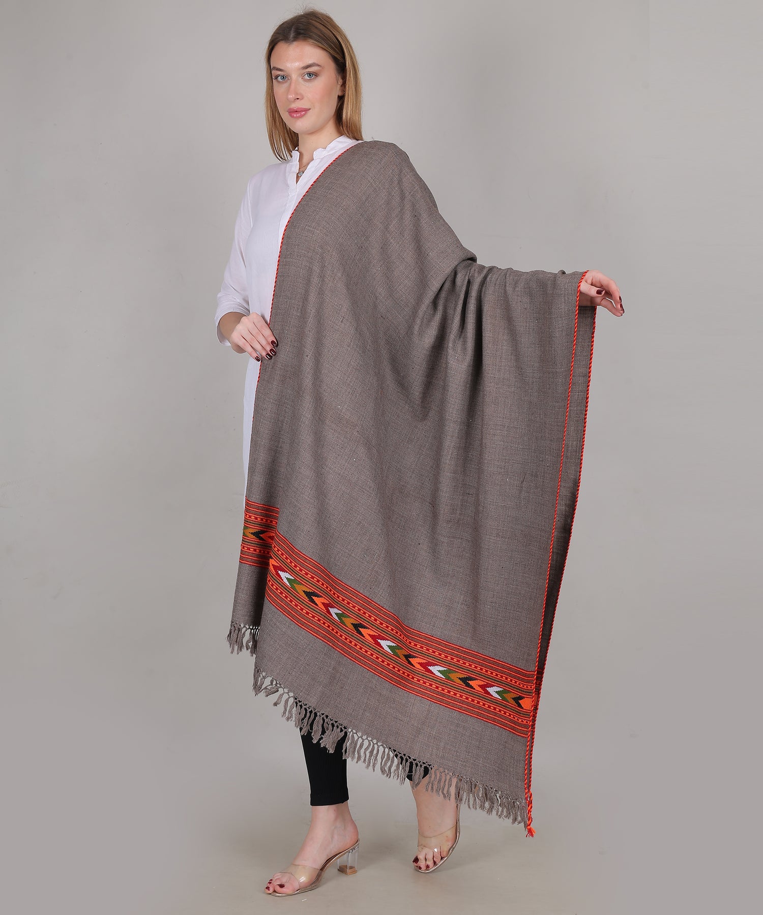 Hand Woven Pure Wool Kullu Design One Patti Border Grey Shawl