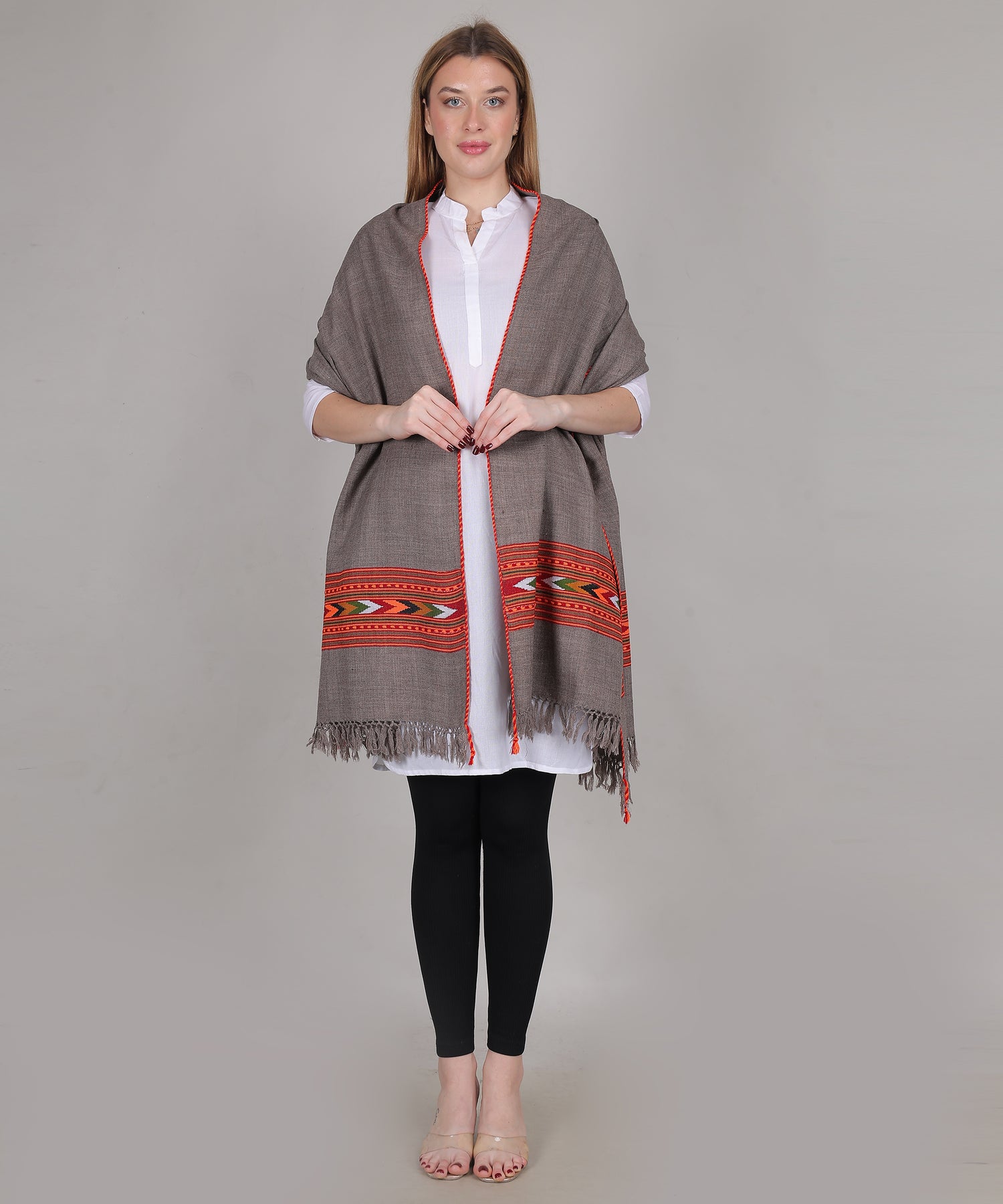 Hand Woven Pure Wool Kullu Design One Patti Border Grey Shawl