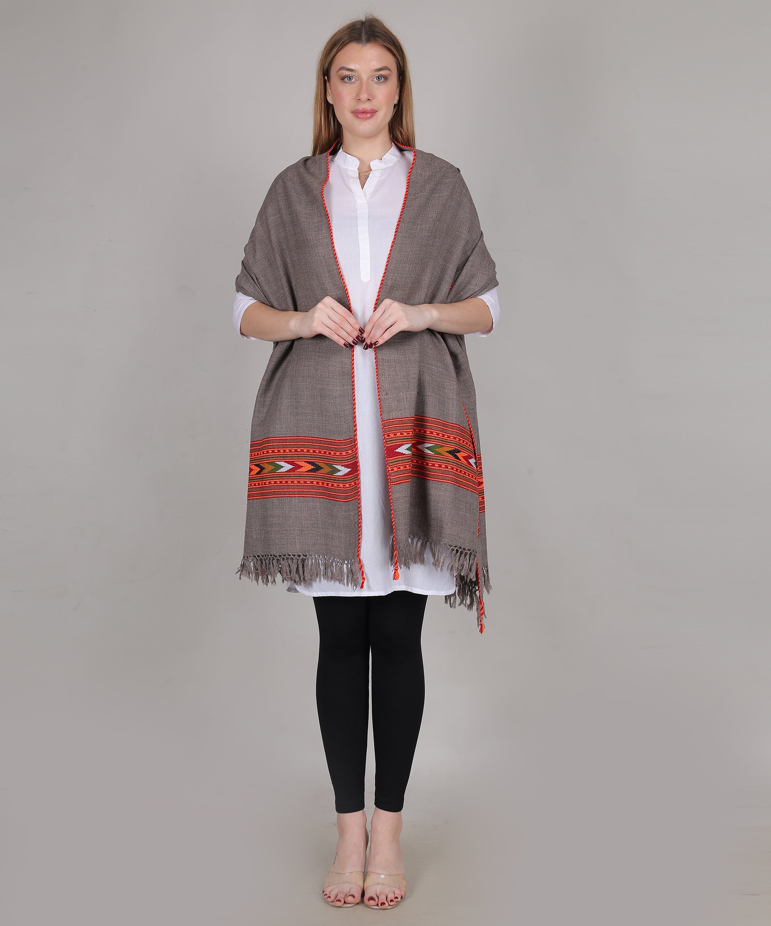 Hand Woven Pure Wool Kullu Design One Patti Border Grey Shawl