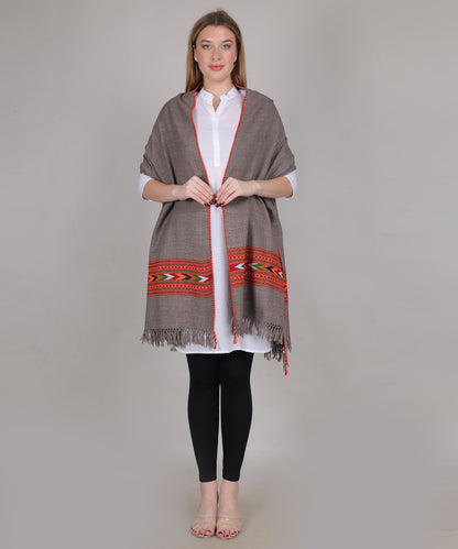 Hand Woven Pure Wool Kullu Design One Patti Border Grey Shawl