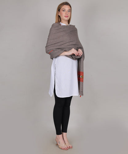 Hand Woven Pure Wool Kullu Design One Patti Border Grey Shawl