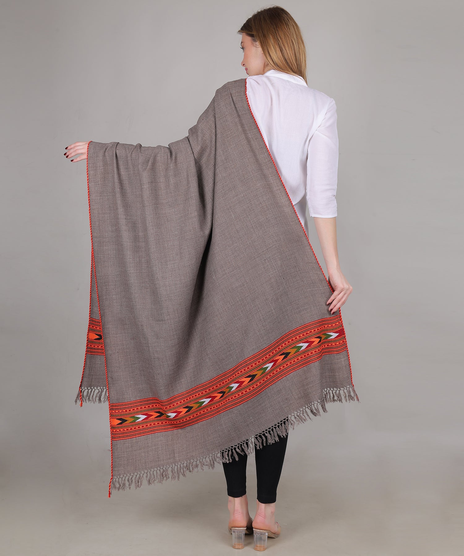 Hand Woven Pure Wool Kullu Design One Patti Border Grey Shawl