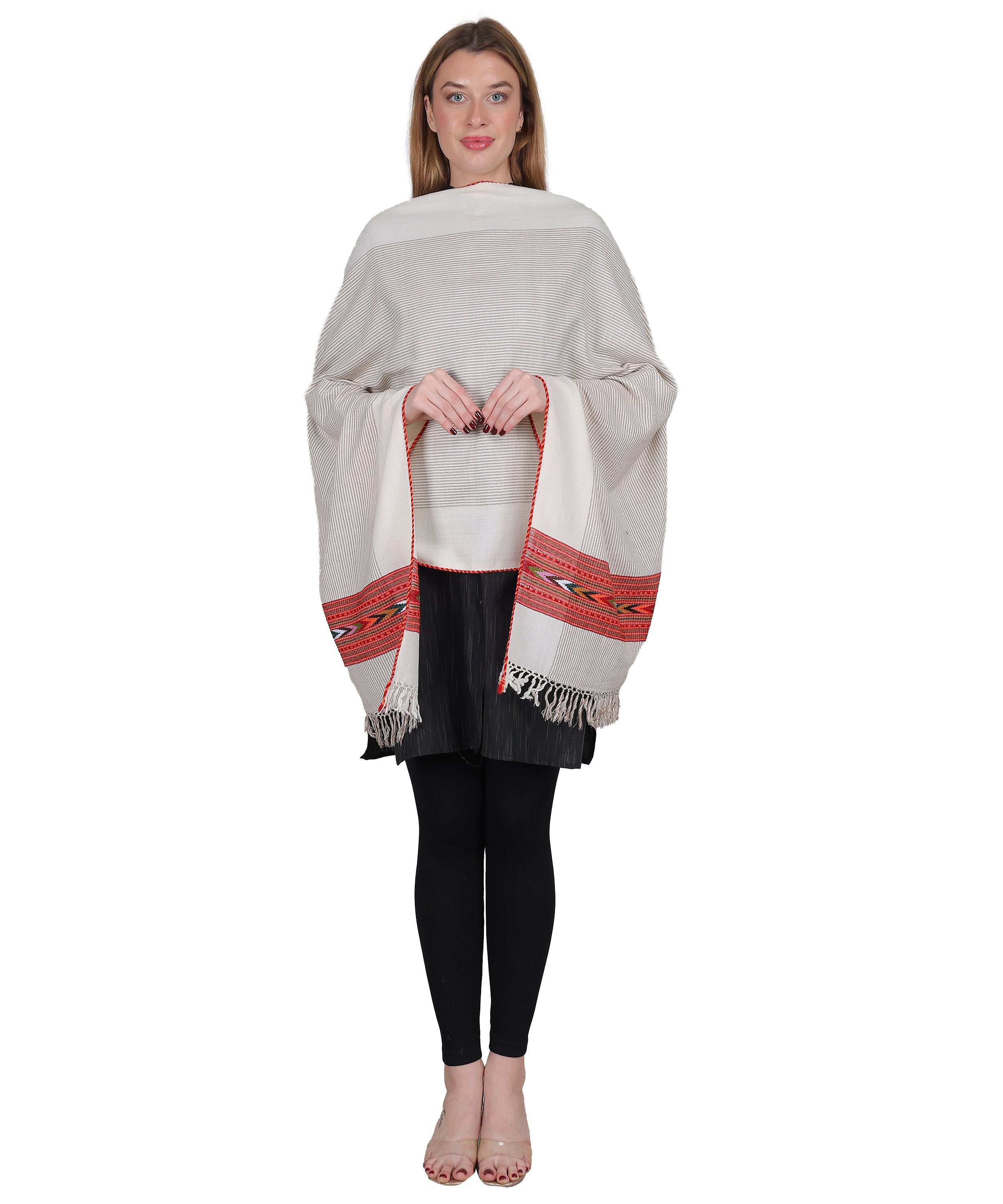 Pure Woollen Kullu Off-White Stole – Handloom Wrap with Elegant Weaving and Embroidered Patti