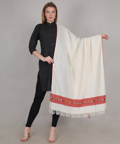 Hand Woven Pure Woollen Kullu Design One Patti Border Off-White Shawl