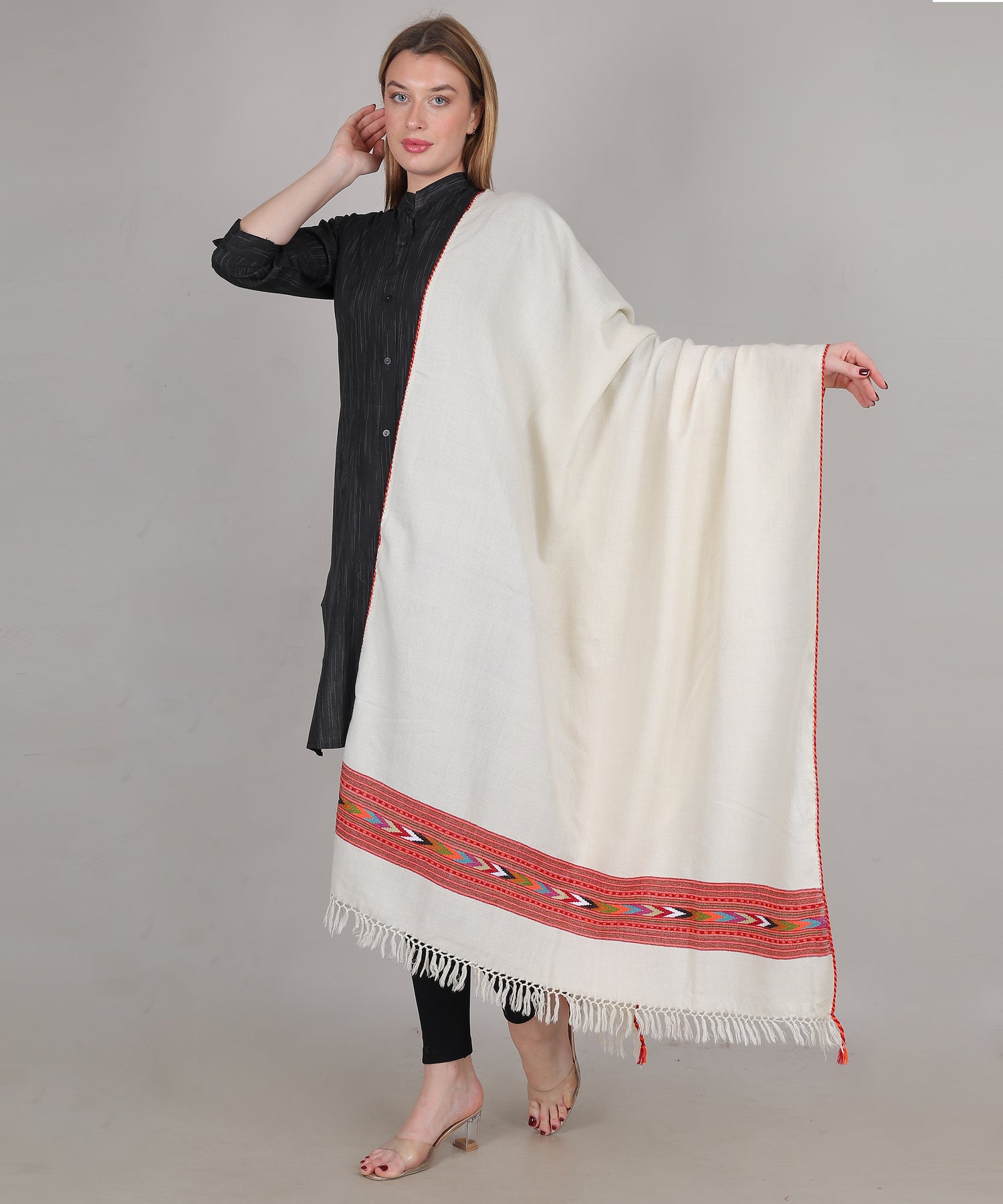 Hand Woven Pure Woollen Kullu Design One Patti Border Off-White Shawl