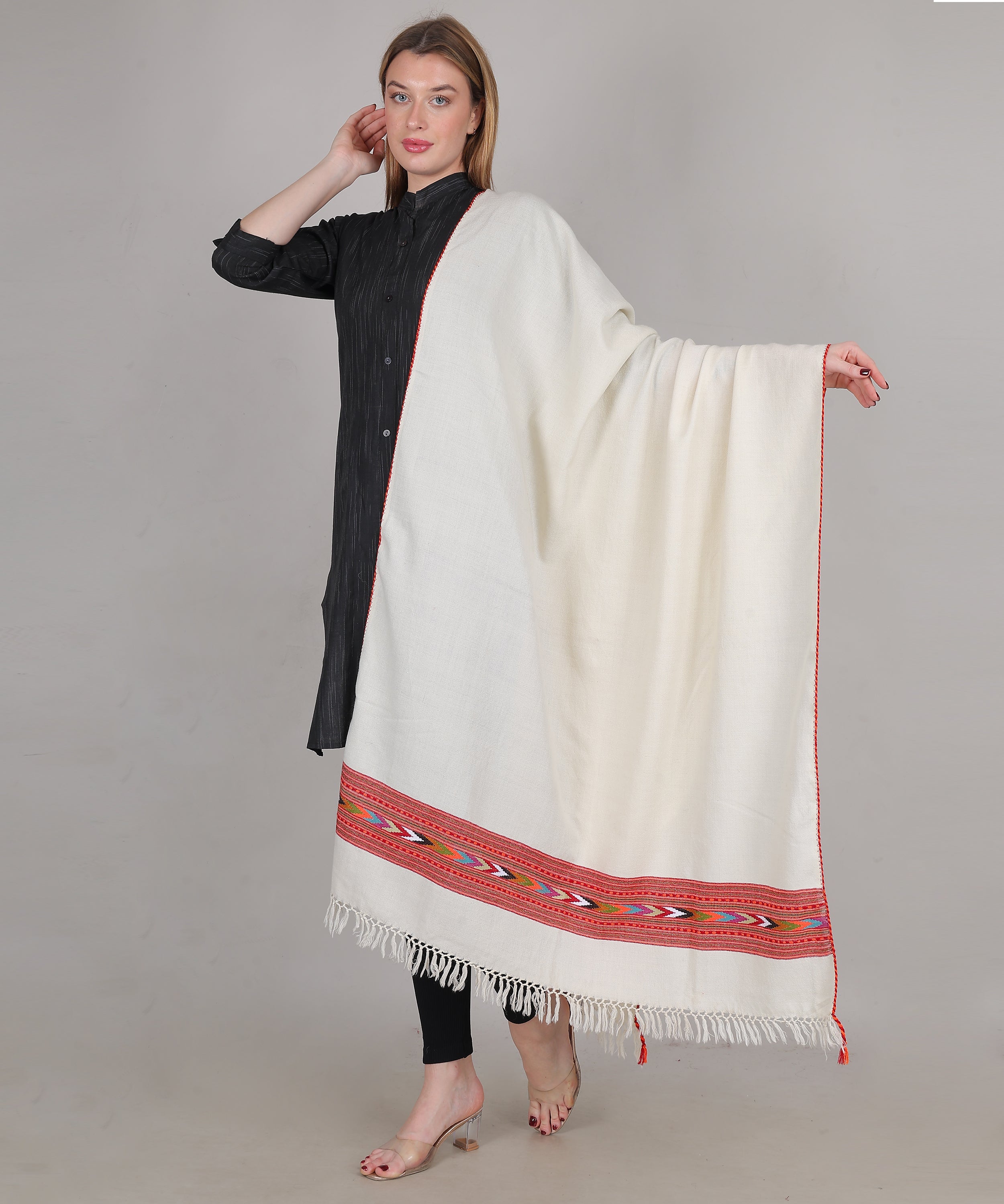 Hand Woven Pure Woollen Kullu Design One Patti Border Off-White Shawl