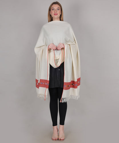 Hand Woven Pure Woollen Kullu Design One Patti Border Off-White Shawl