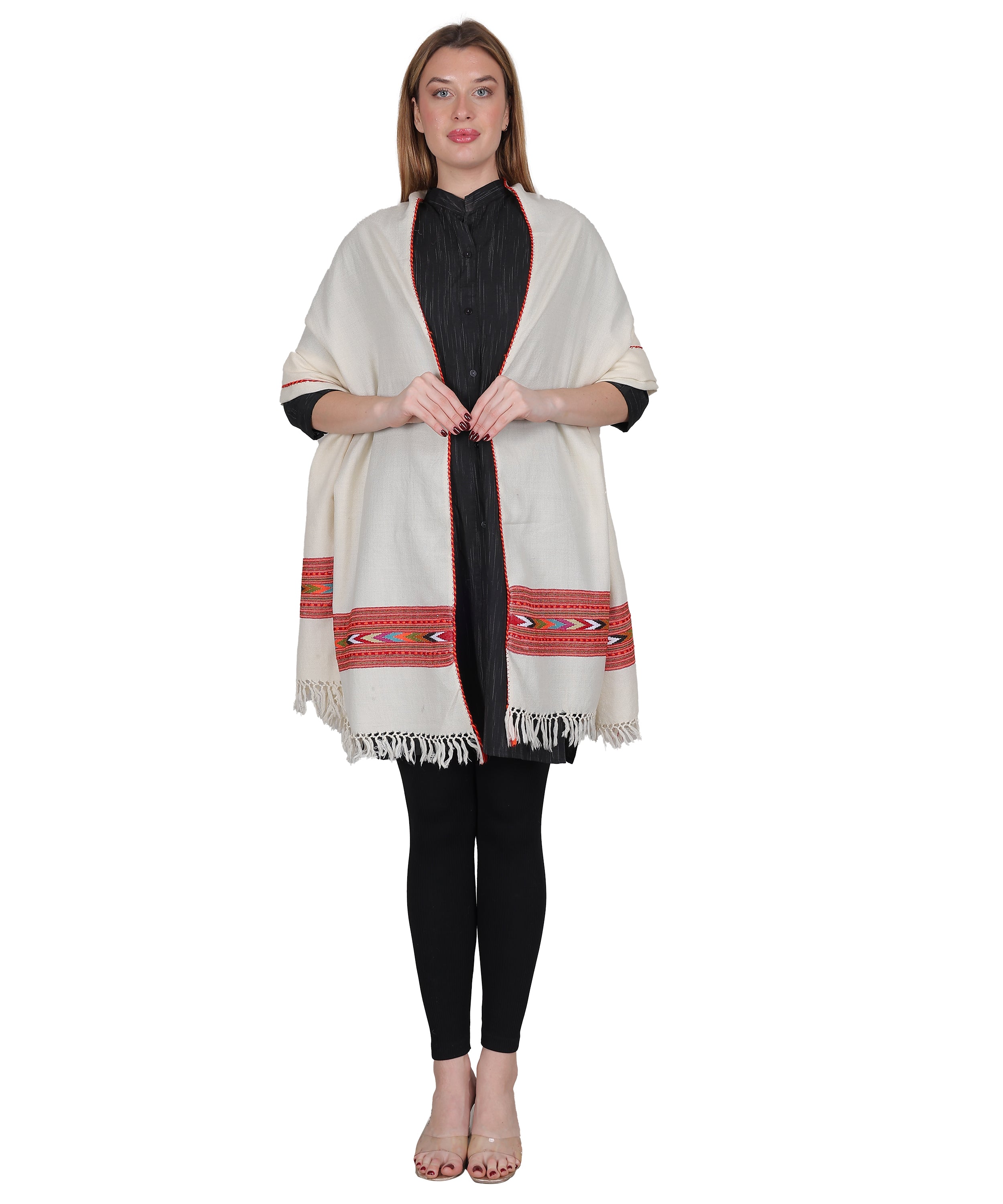 Hand Woven Pure Woollen Kullu Design One Patti Border Off-White Shawl