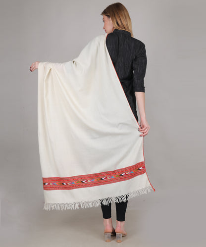 Hand Woven Pure Woollen Kullu Design One Patti Border Off-White Shawl