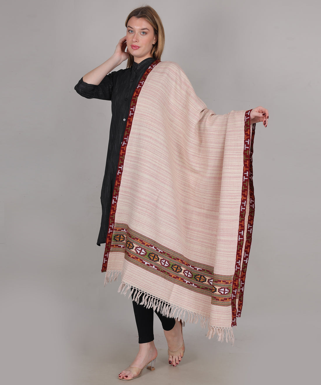 Authentic Traditional Yak Wool Peach Pink Shawl – Handwoven Kullu Design