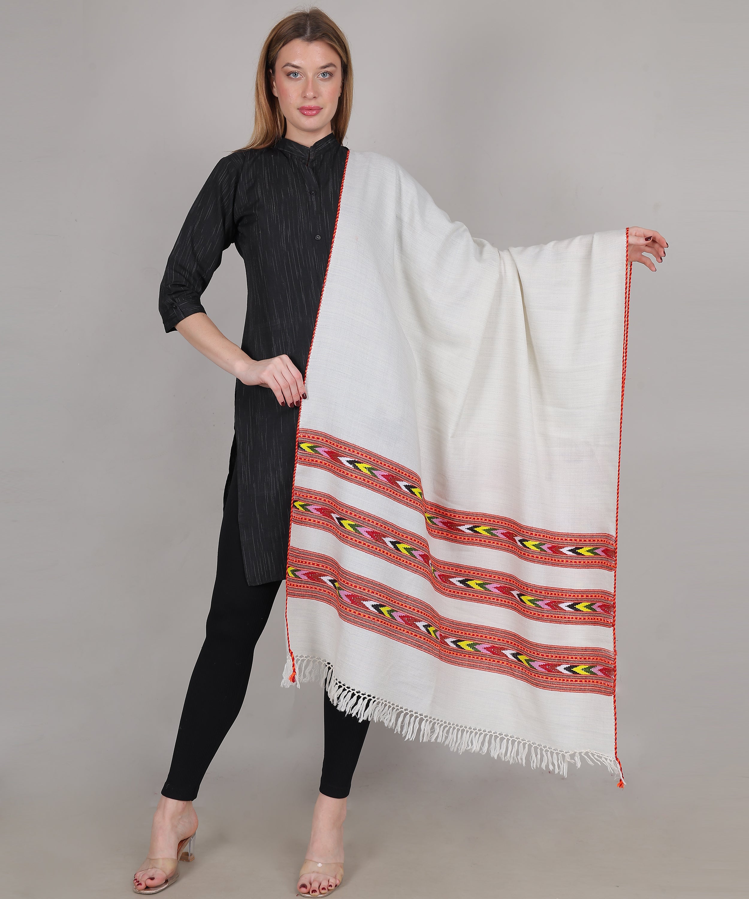 Pure Woollen Hand Woven Design with Beautiful Triple Border Kullu Angora White Shawl