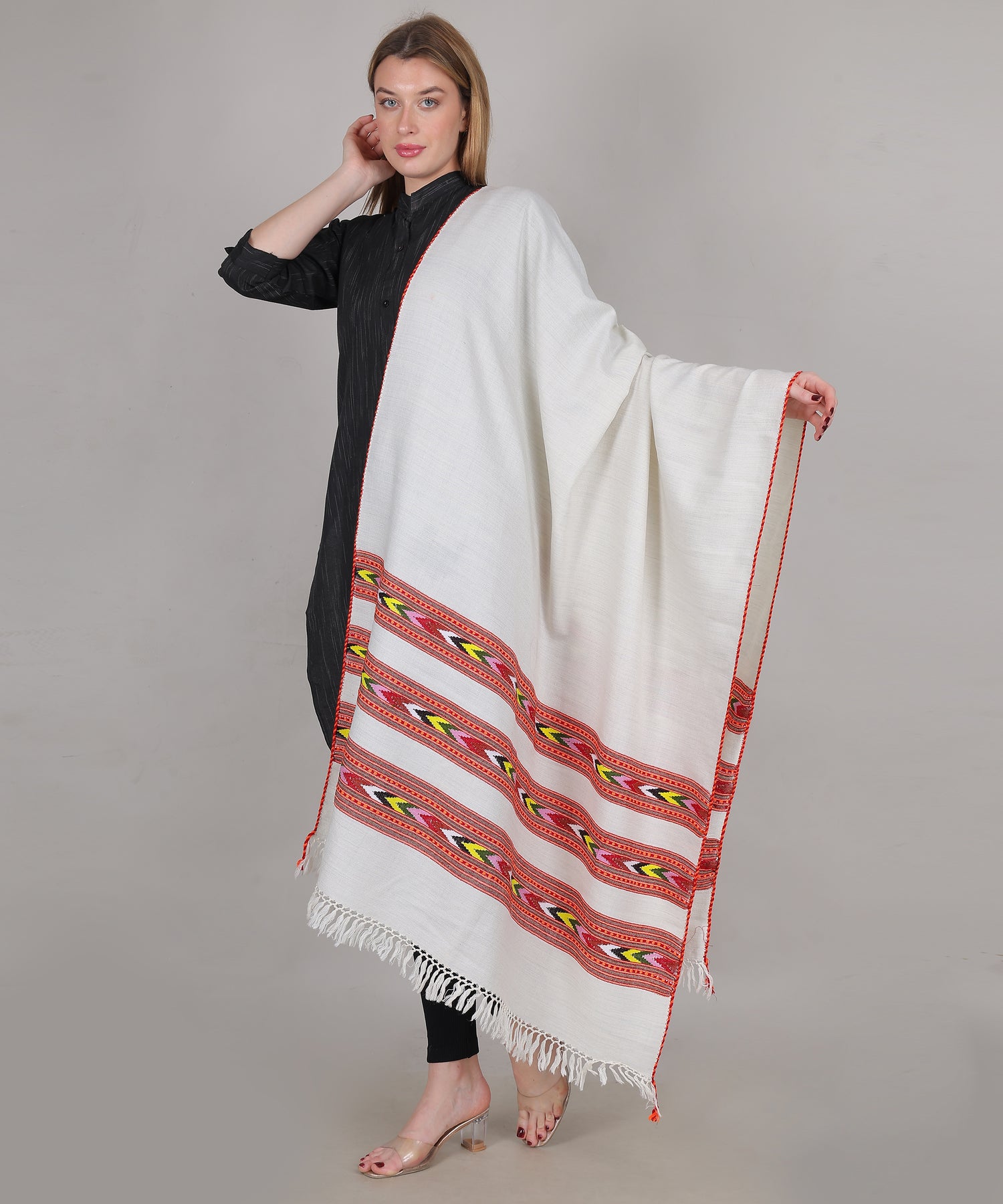 Pure Woollen Hand Woven Design with Beautiful Triple Border Kullu Angora White Shawl