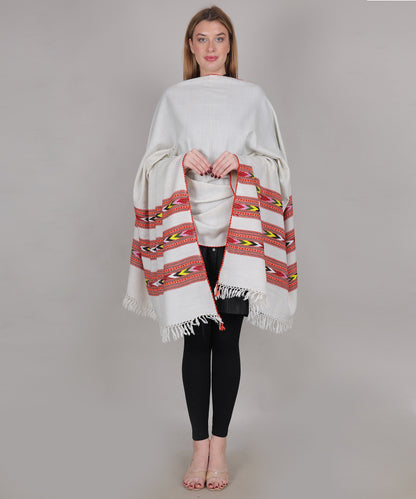 Pure Woollen Hand Woven Design with Beautiful Triple Border Kullu Angora White Shawl