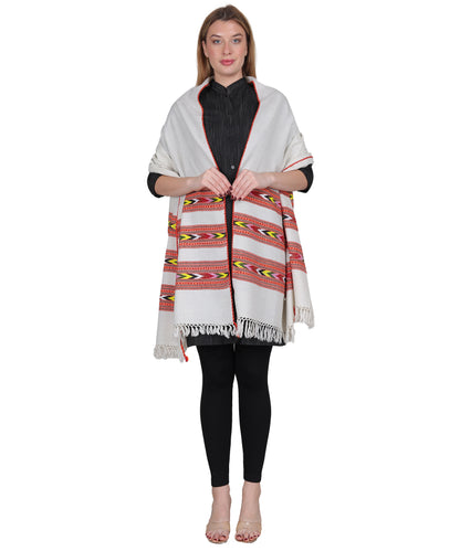 Pure Woollen Hand Woven Design with Beautiful Triple Border Kullu Angora White Shawl