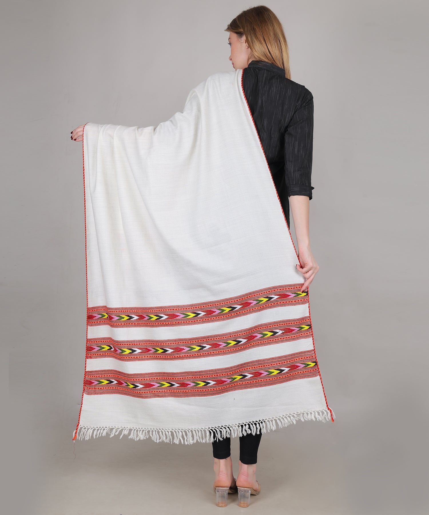 Pure Woollen Hand Woven Design with Beautiful Triple Border Kullu Angora White Shawl