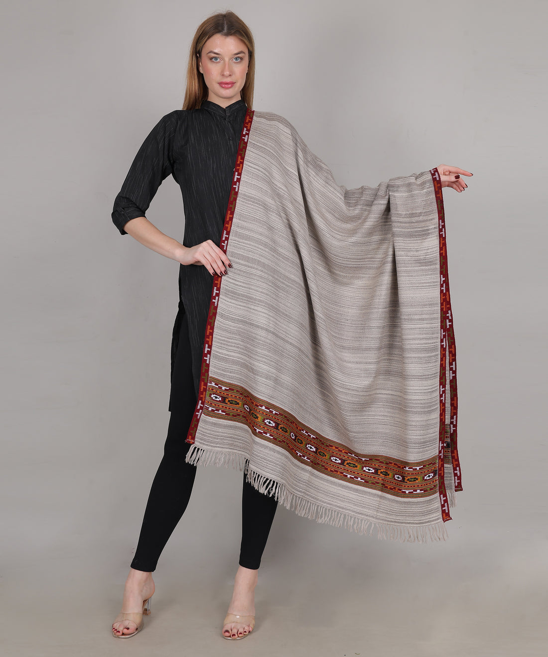 Authentic Traditional Yak Wool Grey Shawl – Handwoven with Kullu Design