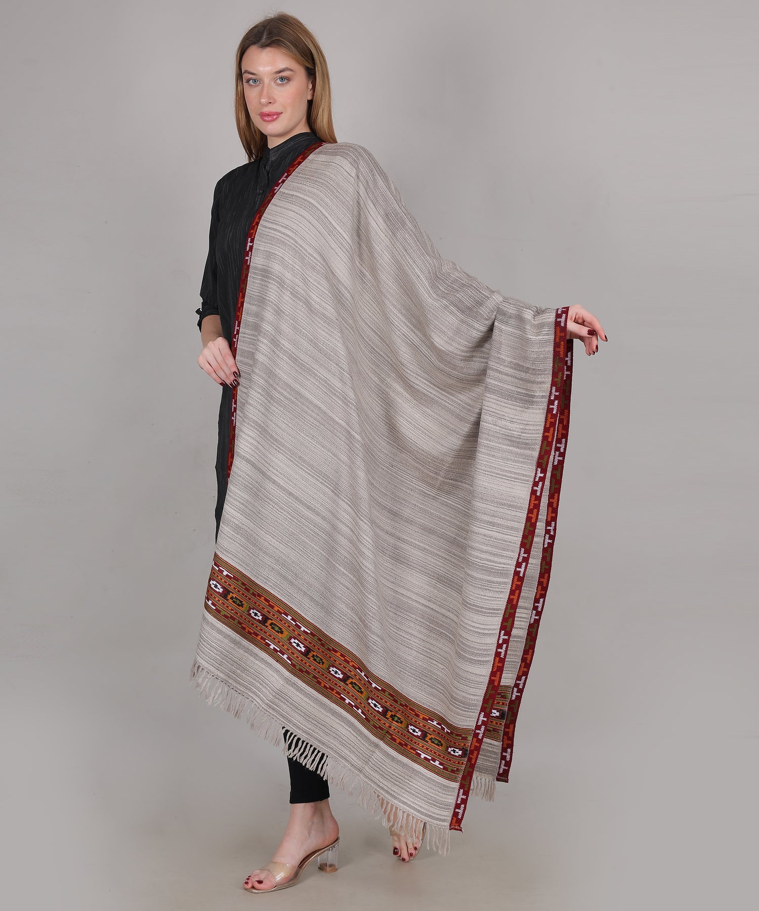 Authentic Traditional Yak Wool Grey Shawl – Handwoven with Kullu Design