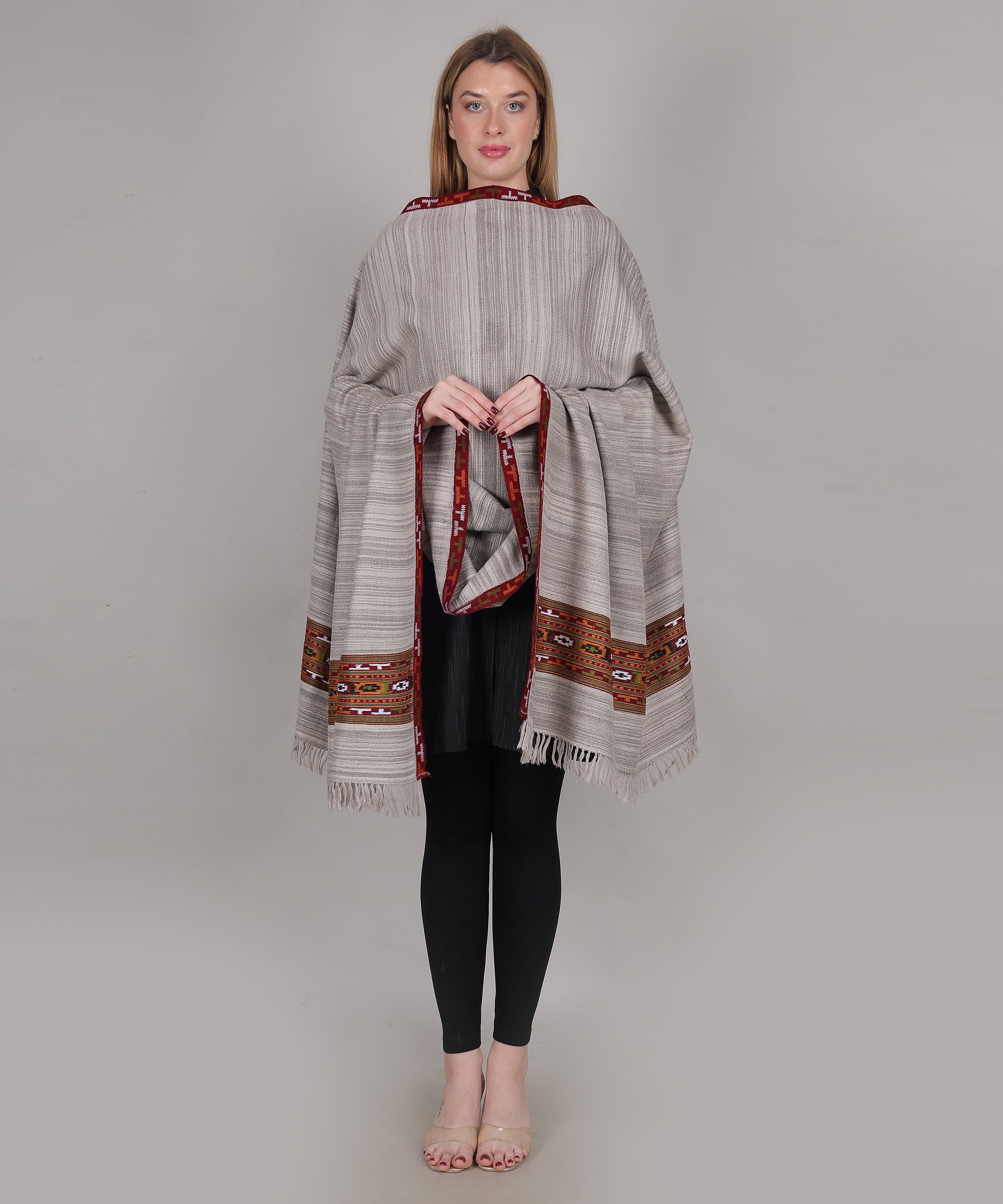 Authentic Traditional Yak Wool Grey Shawl – Handwoven with Kullu Design