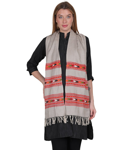 Handwoven Kullu Pure Woollen Grey Muffler With Embroidered 3 Patti Design