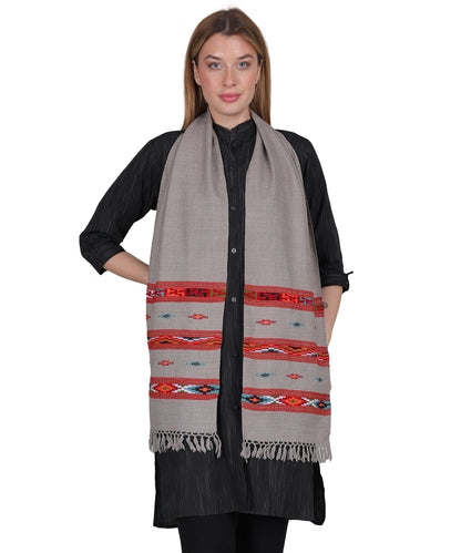 Elegant Kullu Handwoven Woollen Grey Muffler – Pure Wool with Rich Embroidered 3 Patti