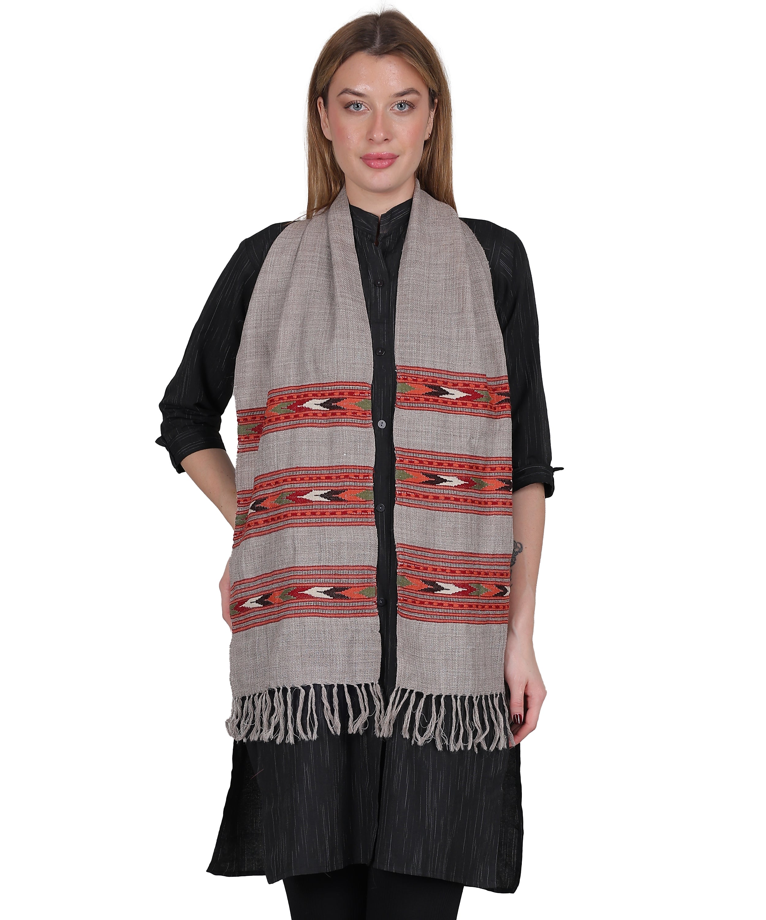 Handwoven Pure Woollen Grey Muffler with Embroidered Teen Patti Design