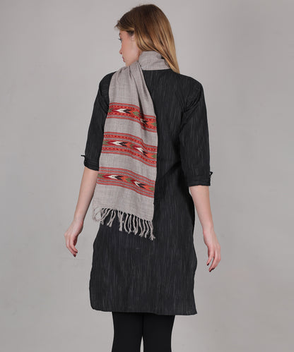 Handwoven Pure Woollen Grey Muffler with Embroidered Teen Patti Design