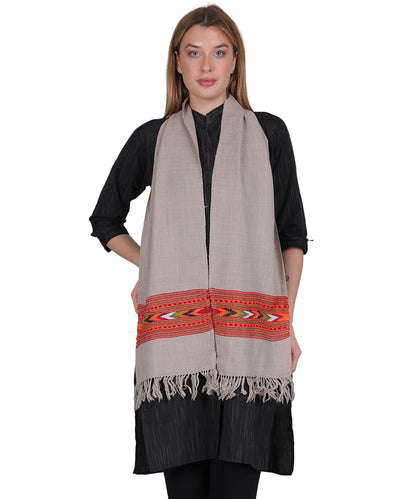 Handwoven Pure Woollen Grey Muffler with Embroidered One Patti Design