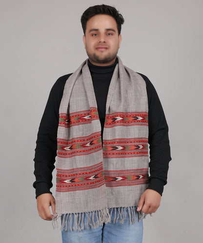 Handwoven Pure Woollen Grey Muffler with Embroidered Teen Patti Design