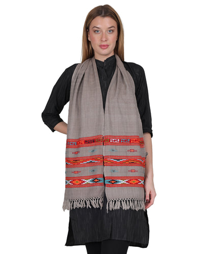 Premium Kullu Handwoven Woollen Muffler – Embroidered Grey Teen Patti Design