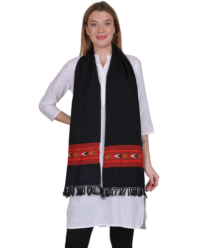 Premium Kullu Handwoven Woollen Muffler – Embroidered Black 1 Patti Design