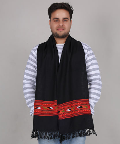 Premium Kullu Handwoven Woollen Muffler – Embroidered Black 1 Patti Design