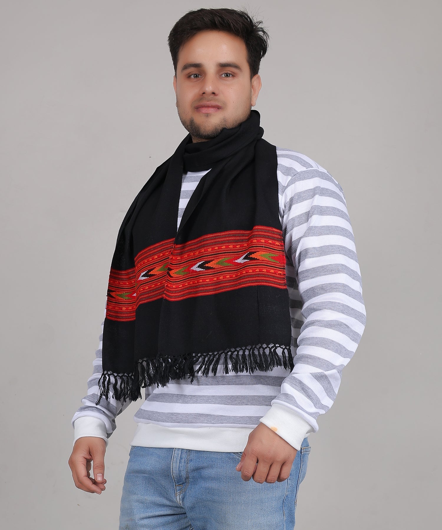 Premium Kullu Handwoven Woollen Muffler – Embroidered Black 1 Patti Design