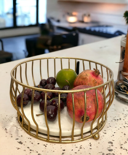 Golden Metal Round Basket with Marble Base