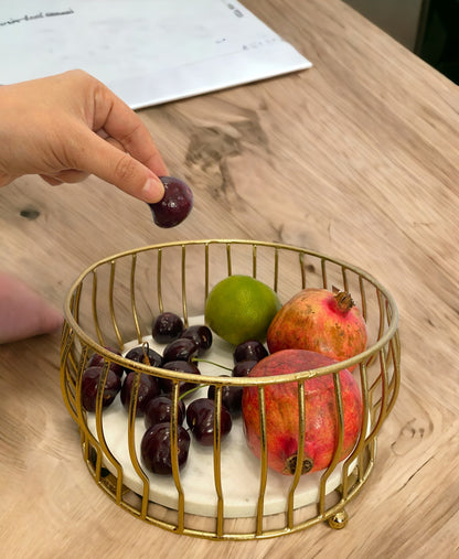 Golden Metal Round Basket with Marble Base