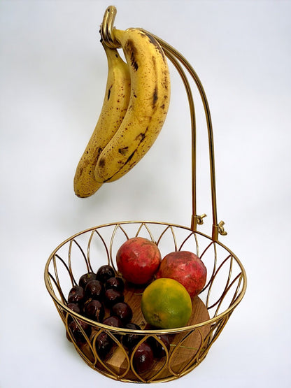 Fruit and Vegetable Metal Basket with wooden base and Banana Tree Hanger