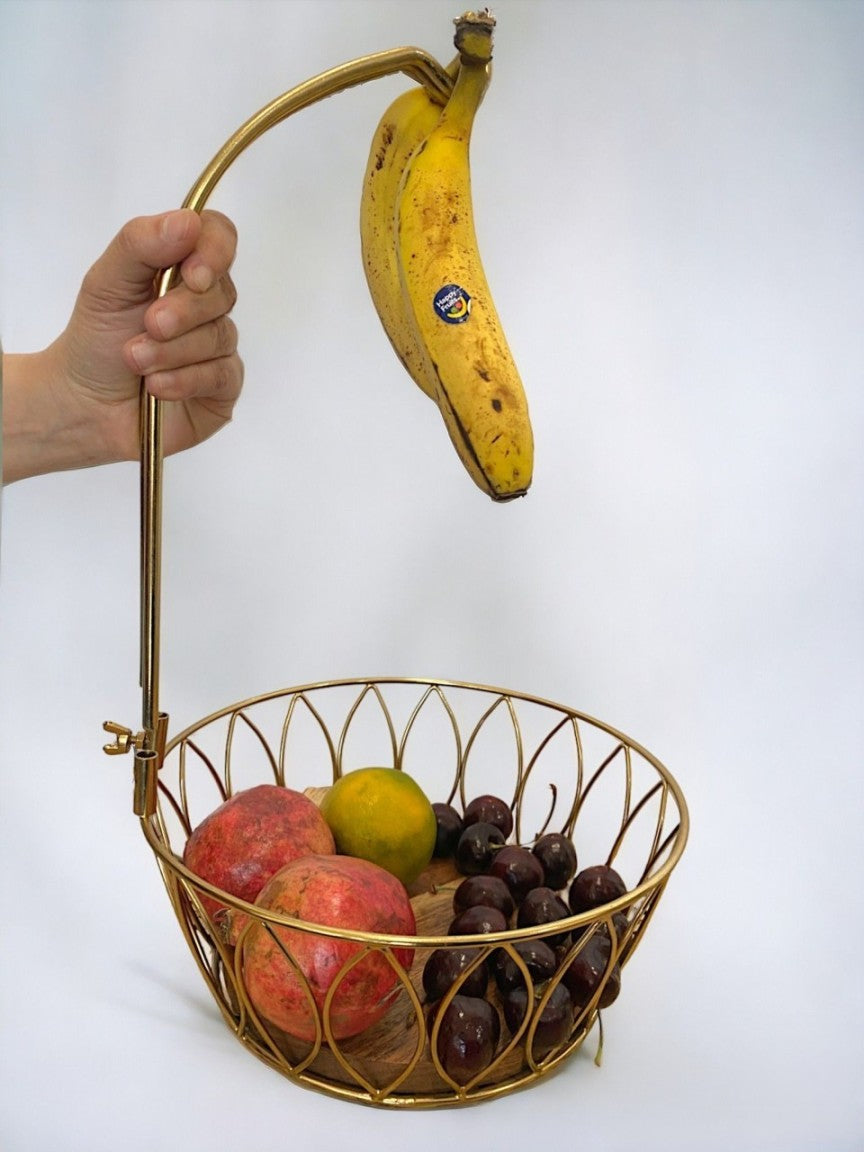 Fruit and Vegetable Metal Basket with wooden base and Banana Tree Hanger