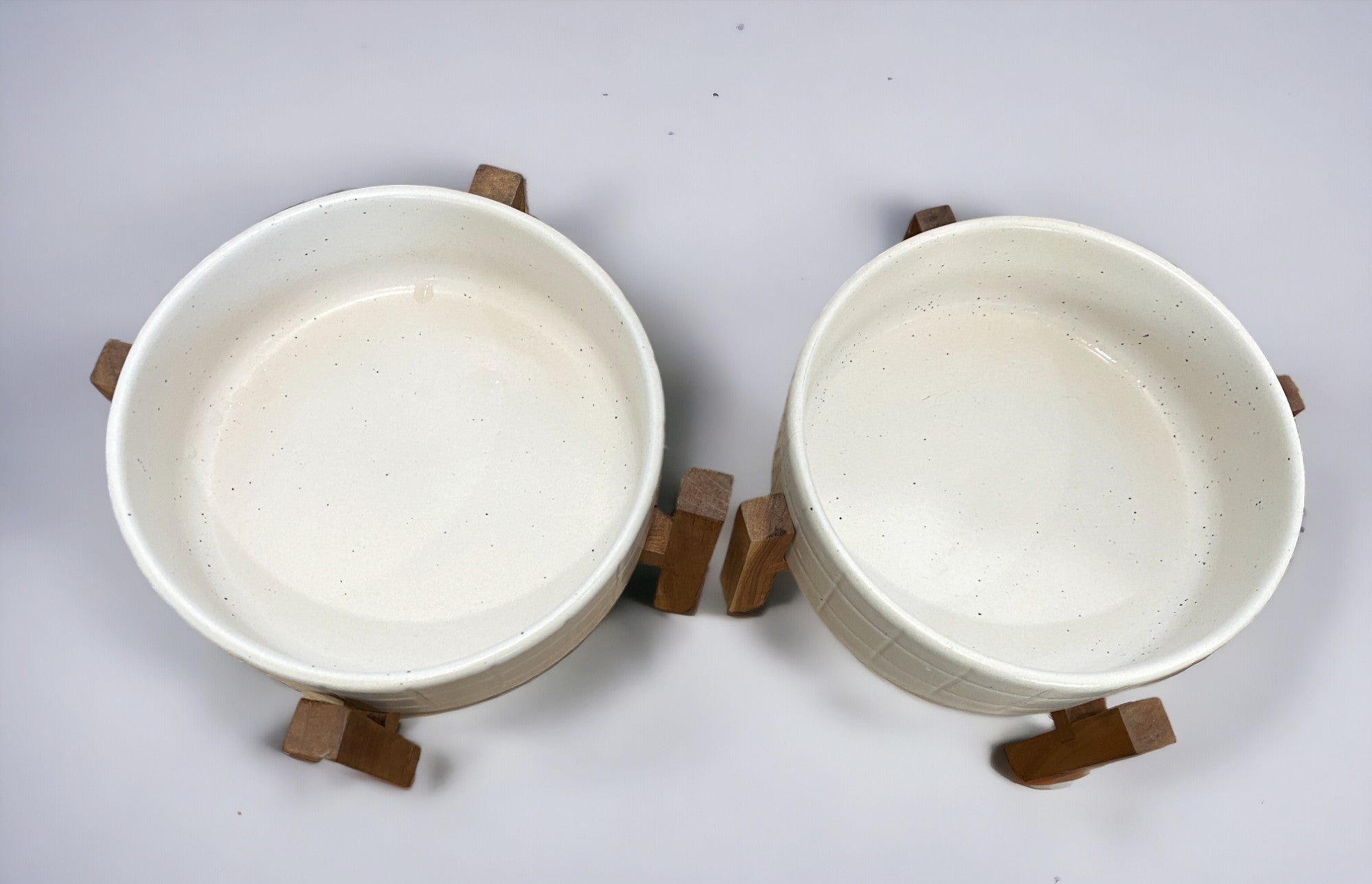 White Ceramic Server with Wooden Stand-Set of 2