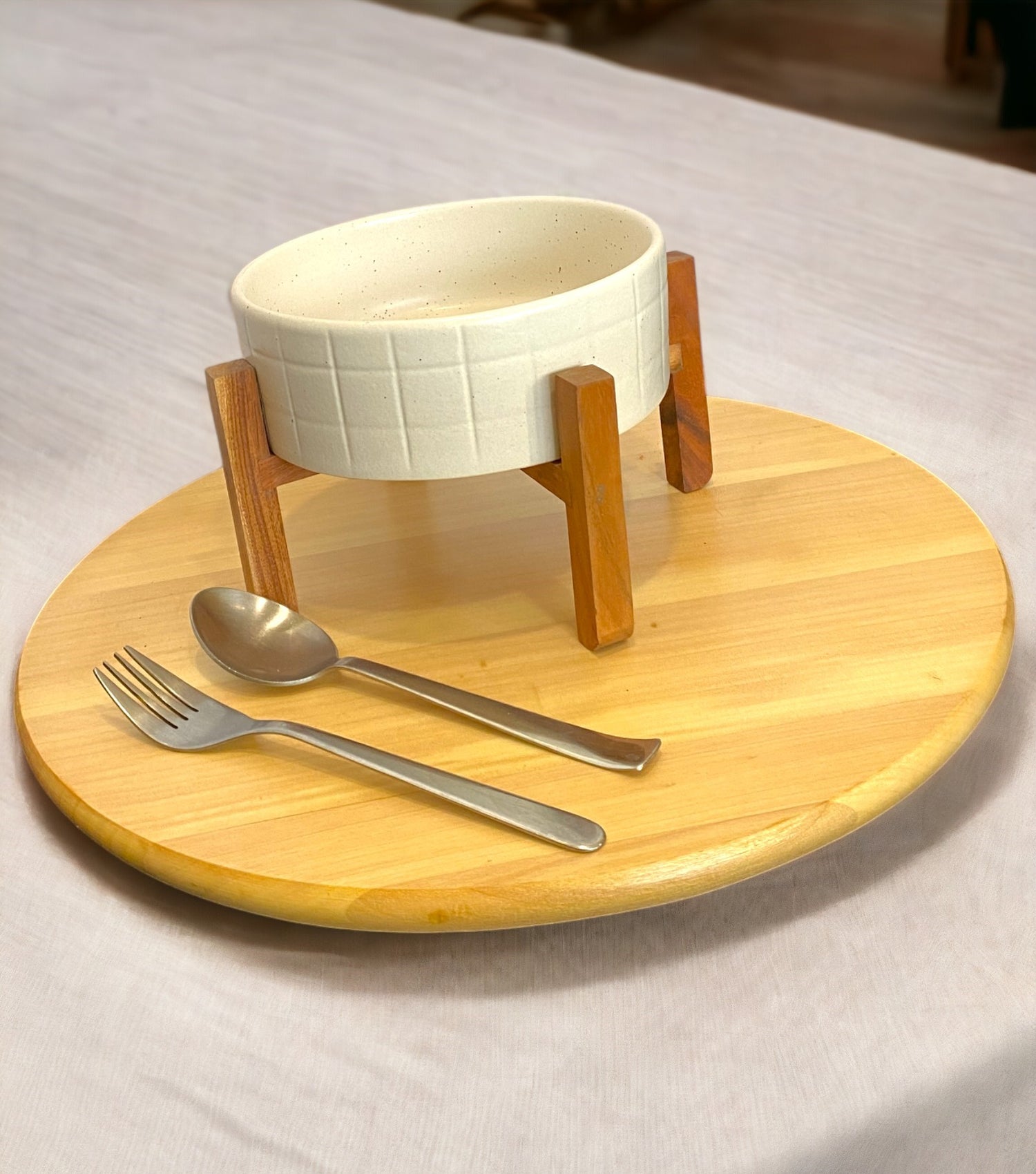 White Ceramic Server with Wooden Stand-Set of 2