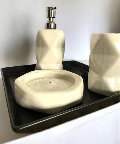 Modern White Ceramic Bath Set with Liquid handwash Soap Dispenser, Toothbrush Holder and Soap Dish Tray - Set of 3