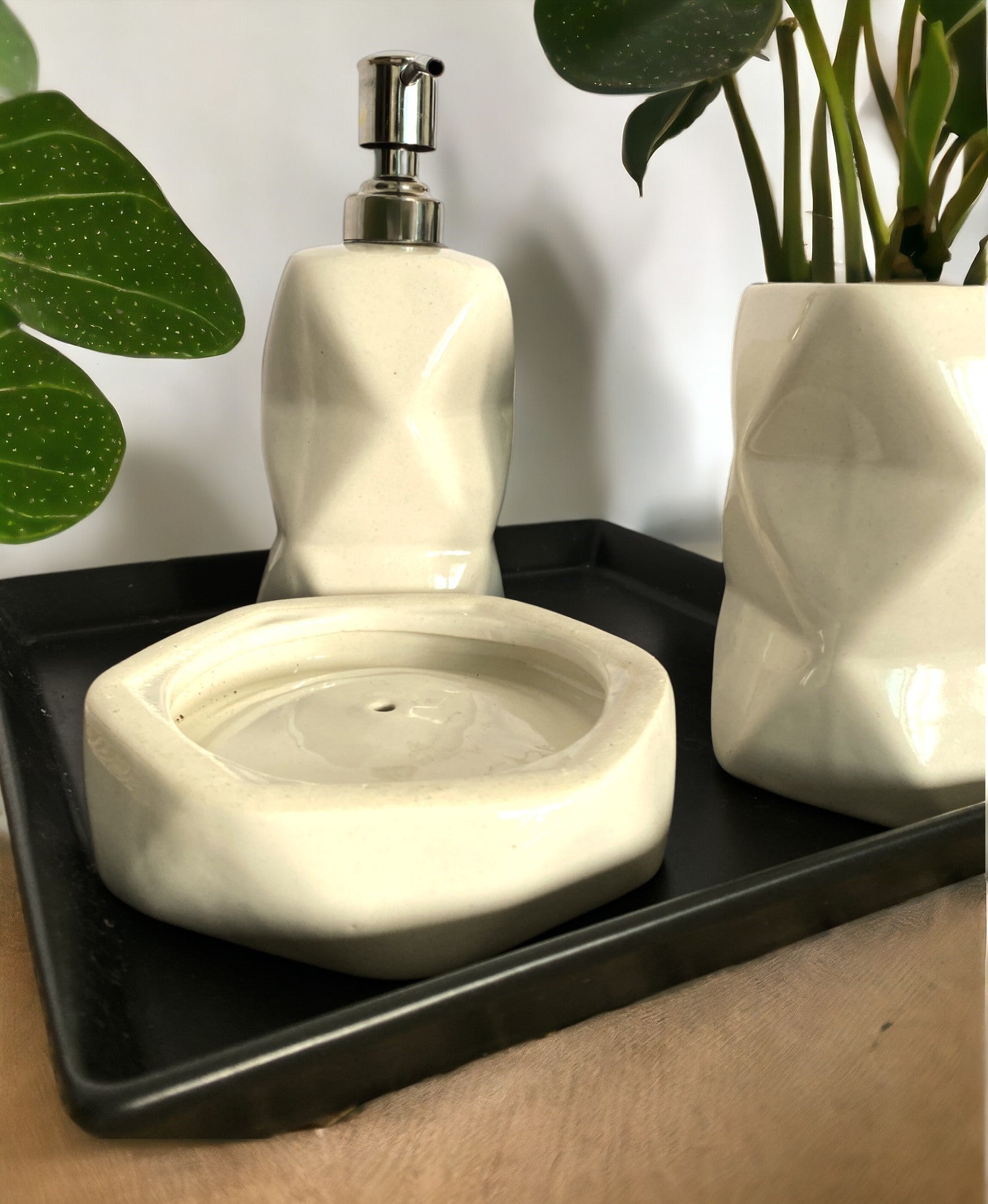 Modern White Ceramic Bath Set with Liquid handwash Soap Dispenser, Toothbrush Holder and Soap Dish Tray - Set of 3