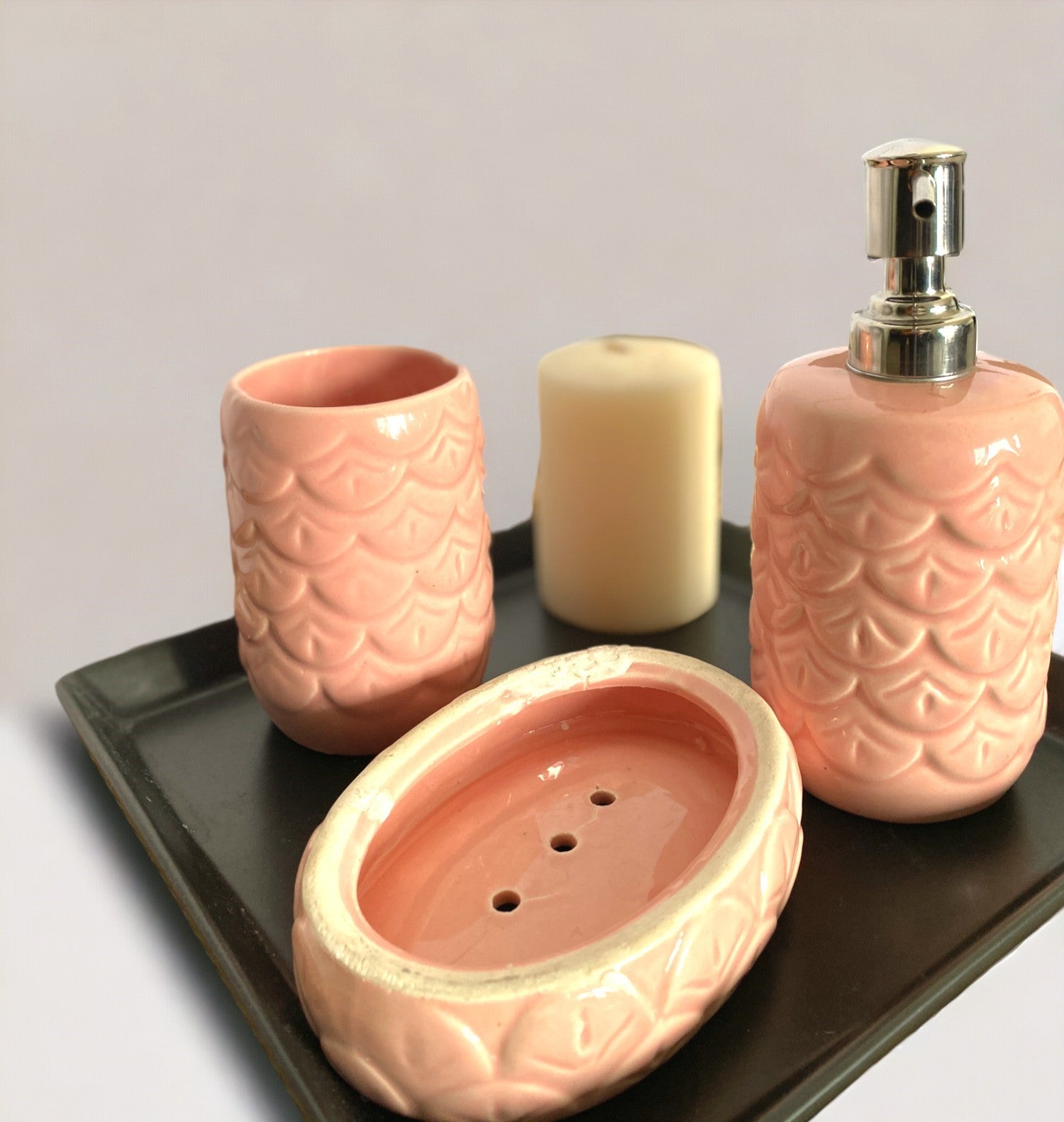 Pink Ceramic Bath Set with Liquid handwash Soap Dispenser, Toothbrush Holder and Soap Dish Tray - Set of 3