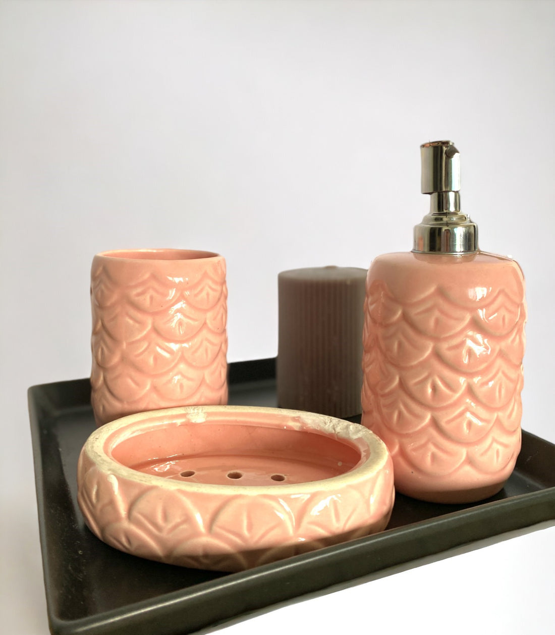 Pink Ceramic Bath Set with Liquid handwash Soap Dispenser, Toothbrush Holder and Soap Dish Tray - Set of 3